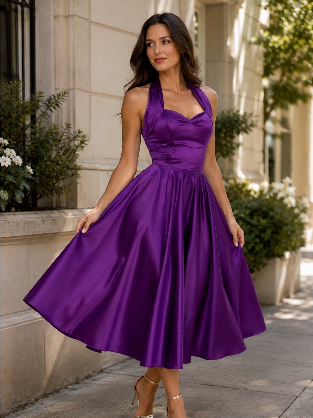 Vivien of Holloway Small Purple 1950s Halter Circle Dress Duchess Satin Sz Small